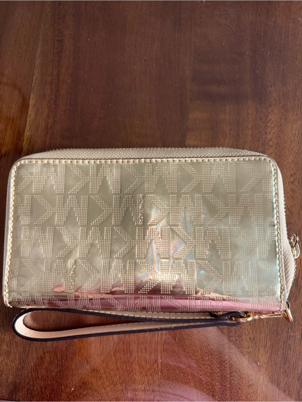 Michael Kors Metallic Gold MK Logo Wristlet with Pale Pink Strap